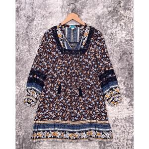 Sundance Dress Small Womens Blue Floral Lace Tasseled Long Sleeve Bohemian Mini